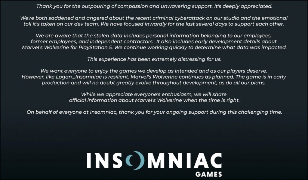 Insomniac Games' official statement, posted on X, as a response to the recent cyberattack on the studio.